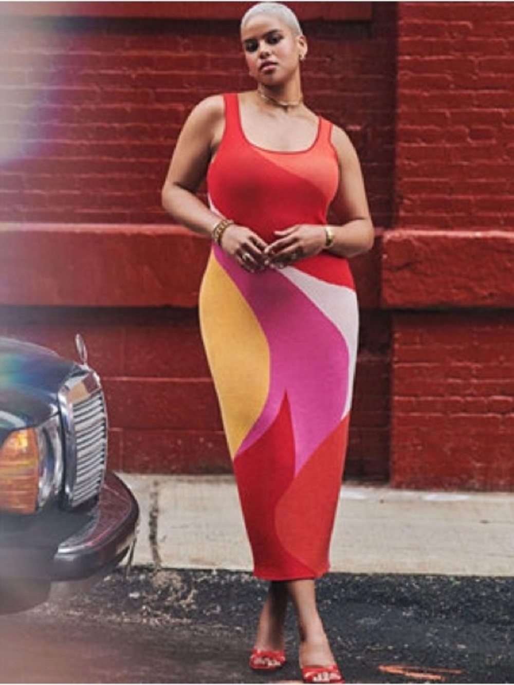 Eloquii Colorblock Scoop-Neck Knit Midi Dress in Red, Pink and Yellow